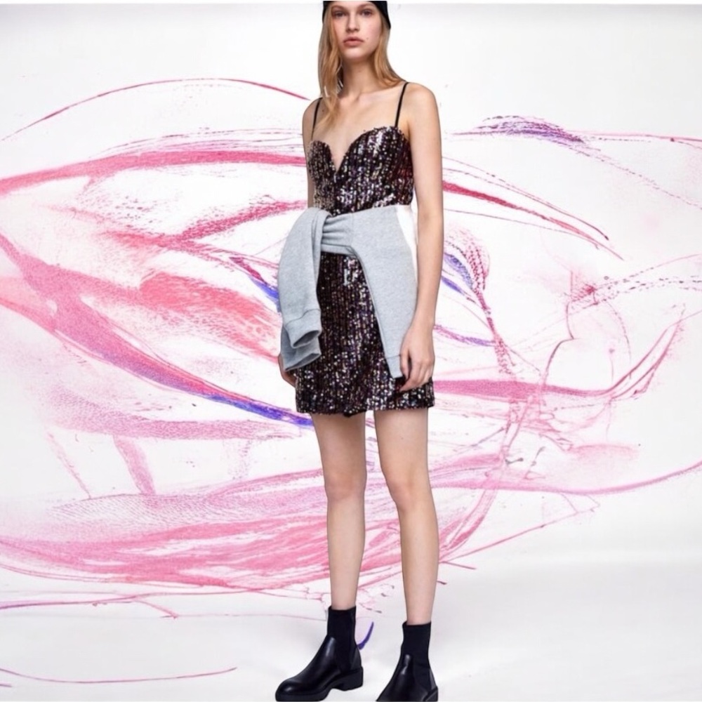 Zara Black Confetti Sequined Party Mini Dress Size Medium